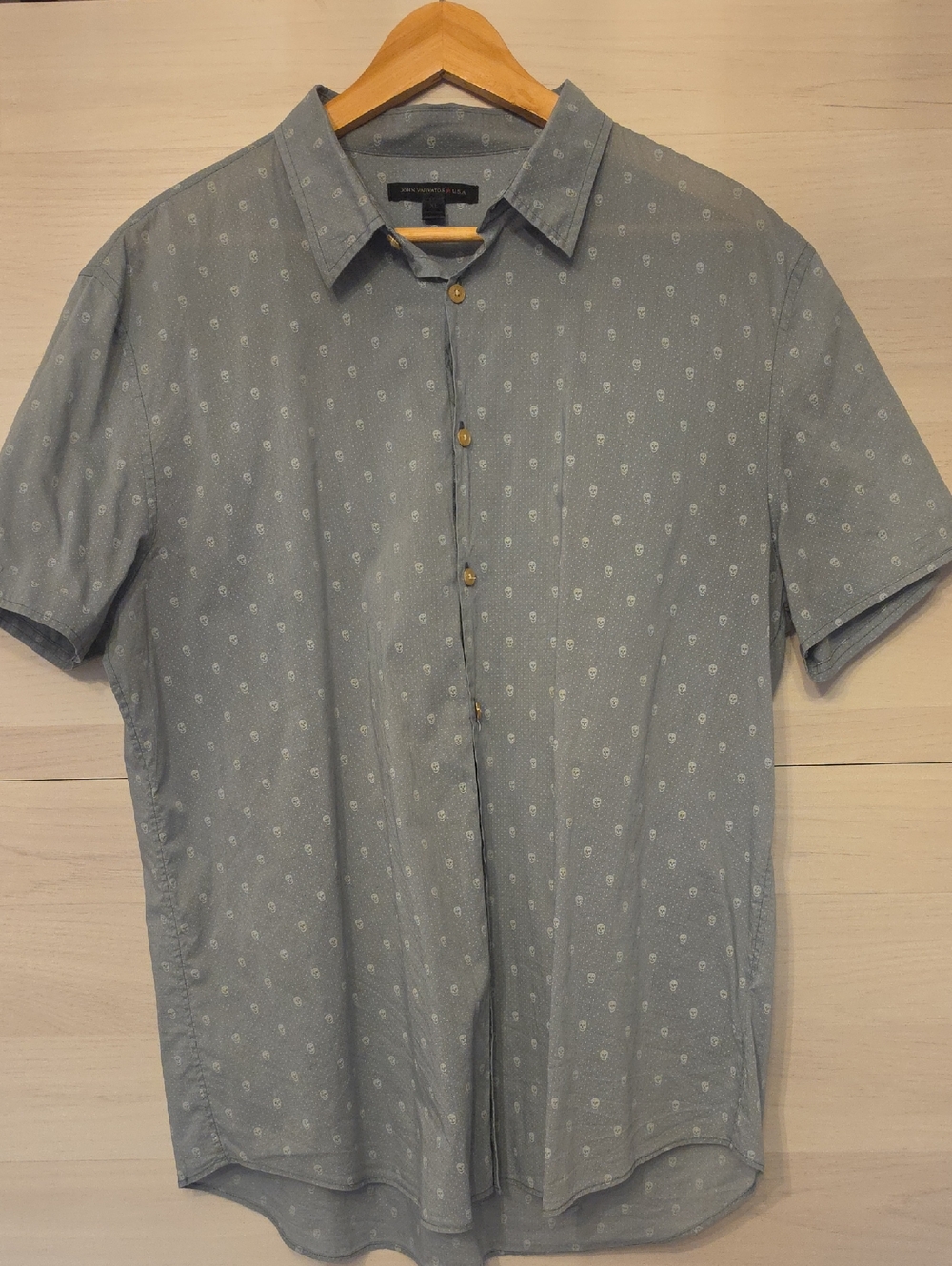 John Varvatos Dusty Blue Short-Sleeve Button-Down with Skull Motif